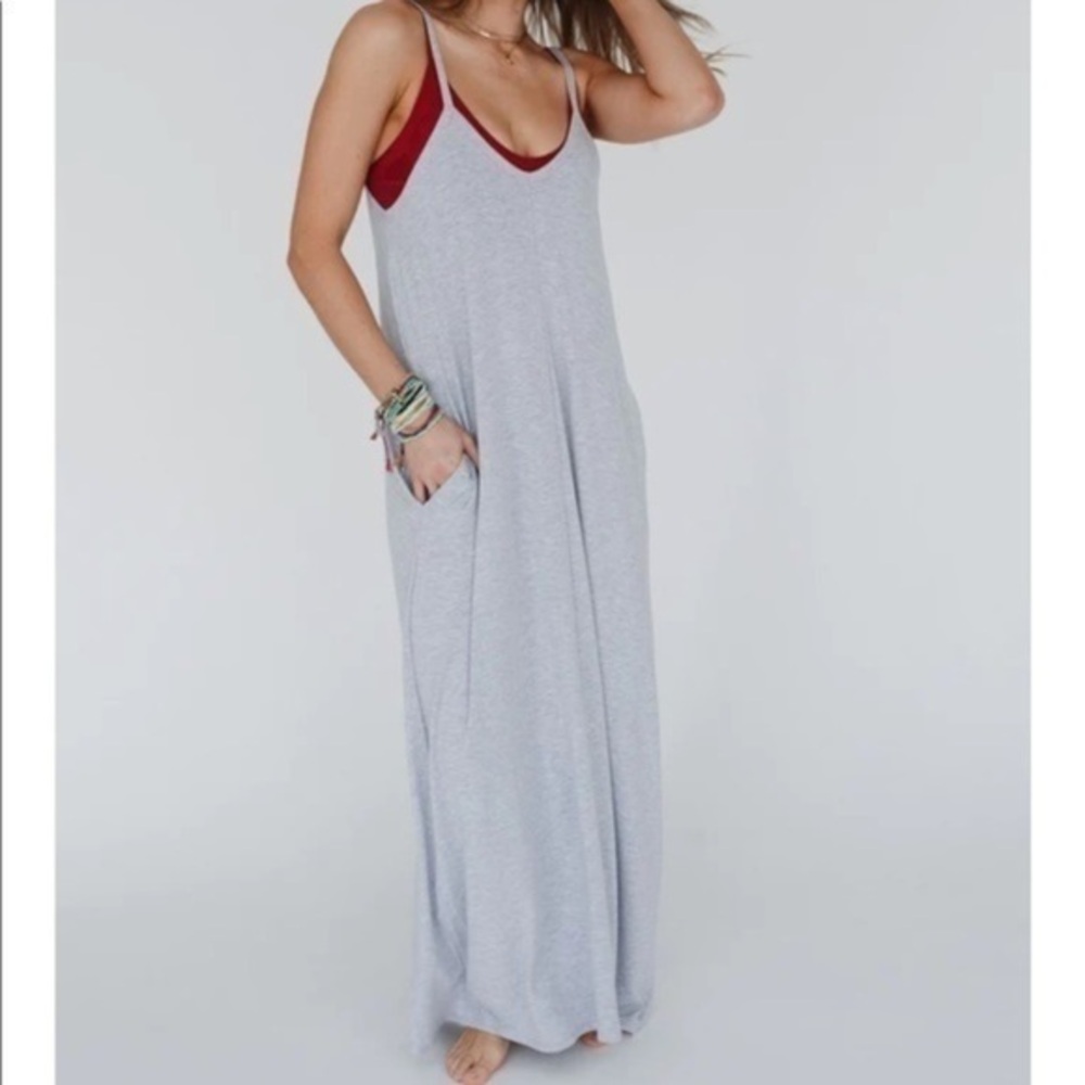 Gray Boho Beach Maxi Dress Adjustable Straps Pockets BRAND NEW